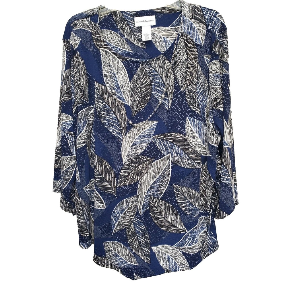 Alfred Dunner Blue Textured Leaf Print Asymmetric Tunic Attached Necklace Sz XL